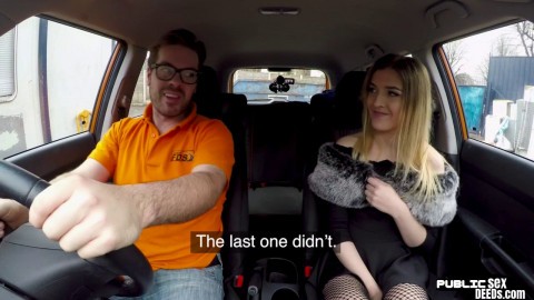 Smallboobs teen in stockings fucked in car by driving tutor